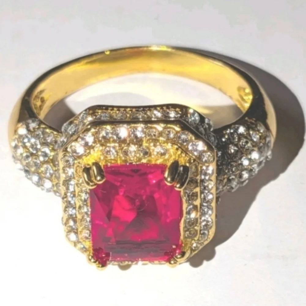 4ct Radiant Cut Lab Created Ruby For Male Or Female 18k Gold Plated Ring  Sz12